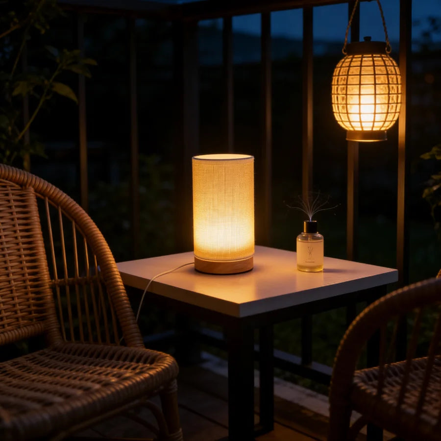 1PC Minimalist Grid Fabric Table Lamp Wooden Base USB LED Night Light Warm Glow Bedside Lamp