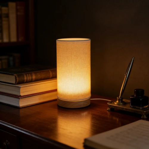 1PC Minimalist Grid Fabric Table Lamp Wooden Base USB LED Night Light Warm Glow Bedside Lamp