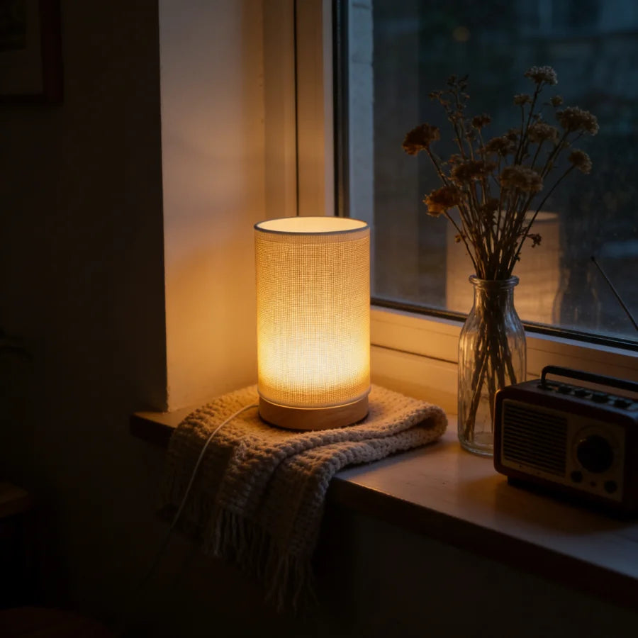 1PC Minimalist Grid Fabric Table Lamp Wooden Base USB LED Night Light Warm Glow Bedside Lamp
