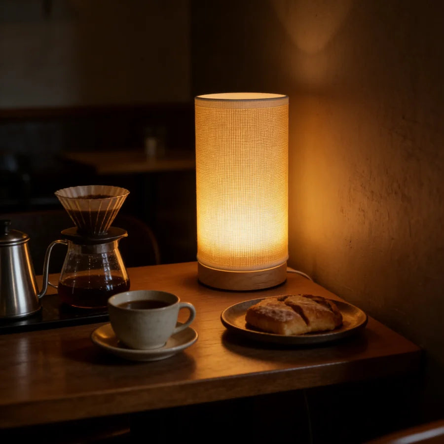 1PC Minimalist Grid Fabric Table Lamp Wooden Base USB LED Night Light Warm Glow Bedside Lamp